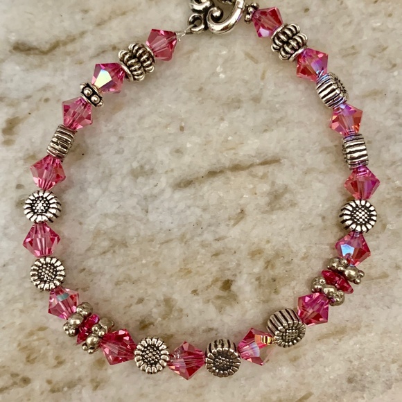 Pink Rose AB Crystals with Daisy Sterling Silver Bracelet #handmade - Picture 1 of 5